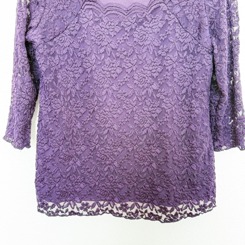 Womens Lace Top XL Petite Purple Scalloped Neck 3/4 Sleeve Romantic Classic - Picture 4 of 8